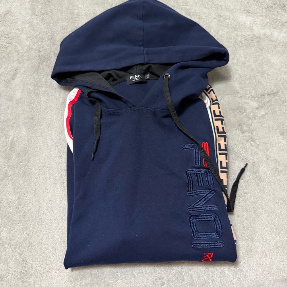 Fendi Dark Blue Hooded Sweater with Red Accents